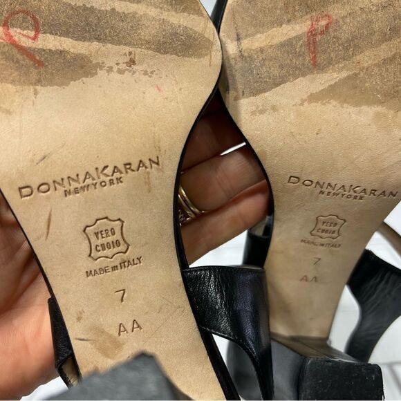 Donna Karan New York Black Leather Open Toe Ankle Strap Sling Back Heels Size 7 - Picture 8 of 11